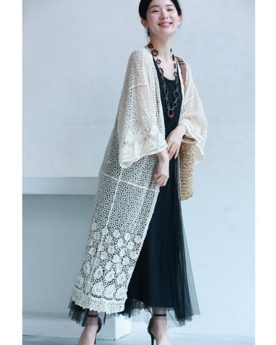 Kiriko-style knitted lace long cardigan