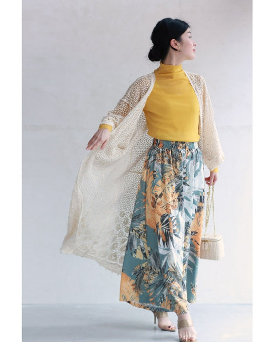 Kiriko-style knitted lace long cardigan