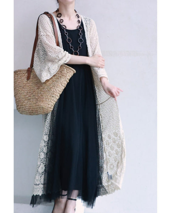 Kiriko-style knitted lace long cardigan