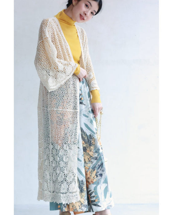 Kiriko-style knitted lace long cardigan