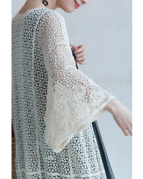 Kiriko-style knitted lace long cardigan