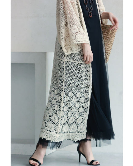 Kiriko-style knitted lace long cardigan