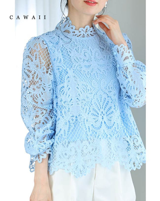 Elegant blue lace back zip pullover top