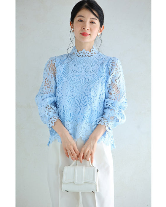 Elegant blue lace back zip pullover top