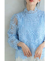 Elegant blue lace back zip pullover top