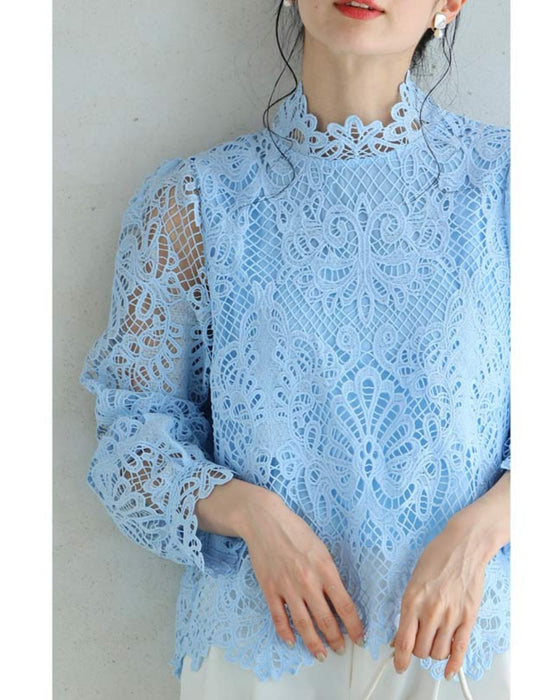 Elegant blue lace back zip pullover top