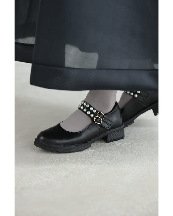 パール連なるダブルストラップパンプス