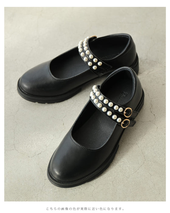 パール連なるダブルストラップパンプス