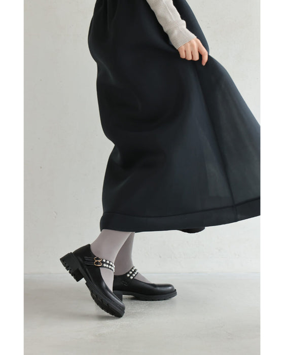 パール連なるダブルストラップパンプス