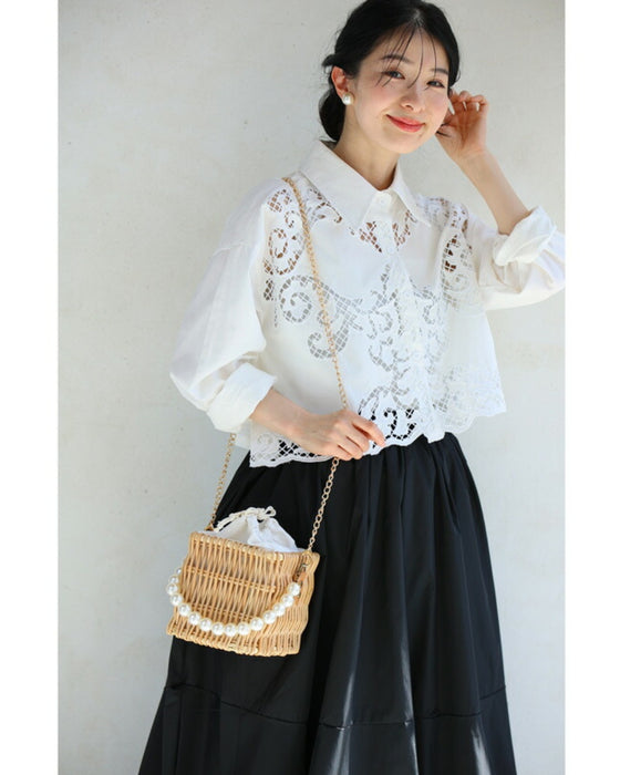 パールハンドルのスクエアかごバッグ