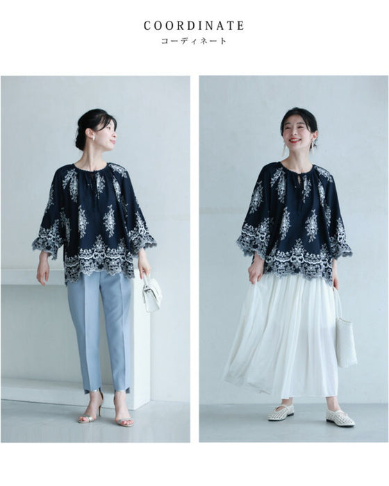 ぐるりと360度エレガントな刺繍浮かぶブラウストップス