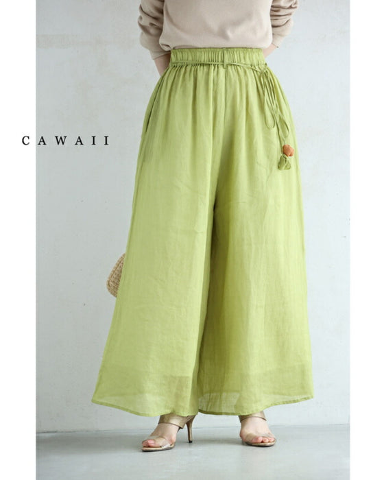 (紐ベルト付き)花ポンポン揺れる涼やかワイドパンツ