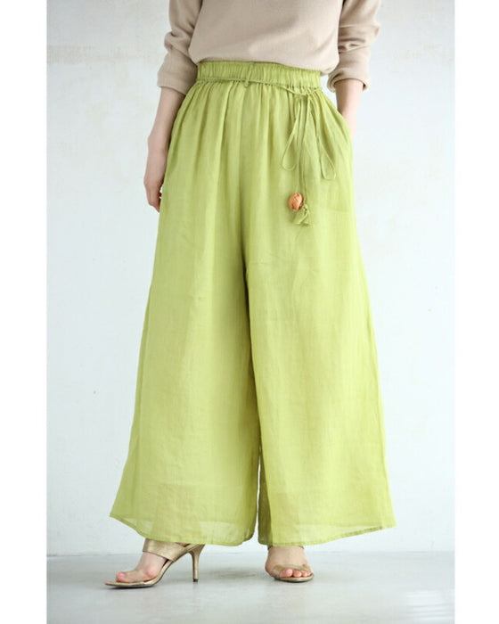 (紐ベルト付き)花ポンポン揺れる涼やかワイドパンツ