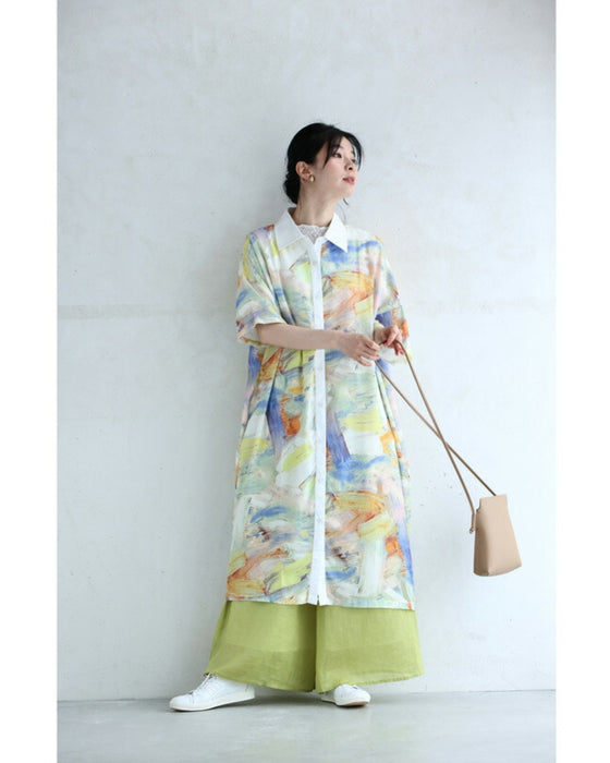 (紐ベルト付き)花ポンポン揺れる涼やかワイドパンツ