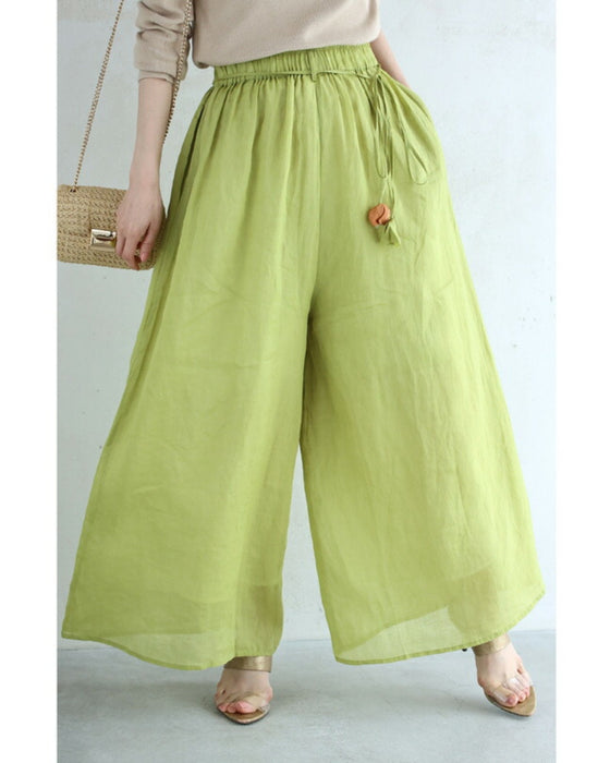 (紐ベルト付き)花ポンポン揺れる涼やかワイドパンツ