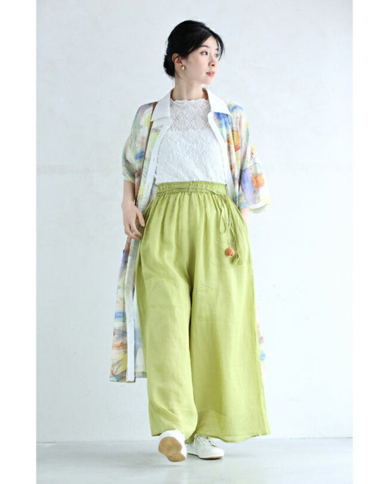 (紐ベルト付き)花ポンポン揺れる涼やかワイドパンツ