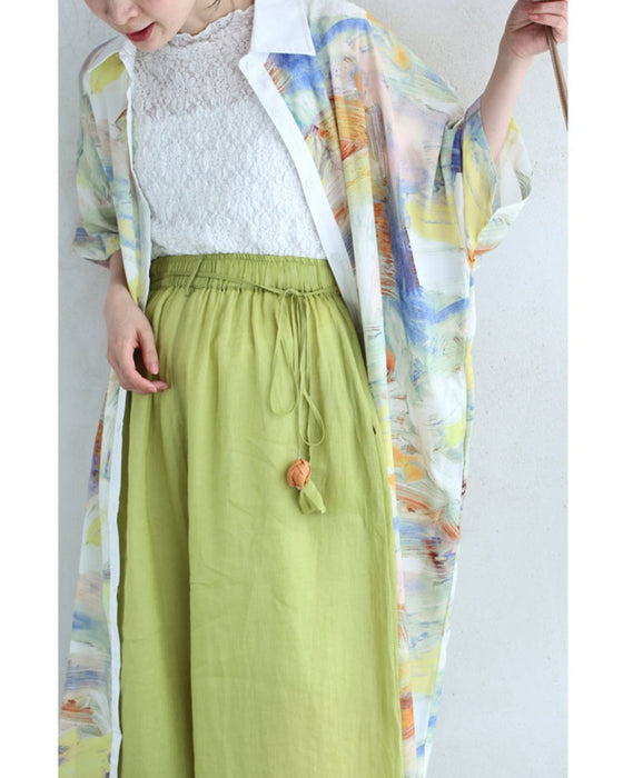 (紐ベルト付き)花ポンポン揺れる涼やかワイドパンツ