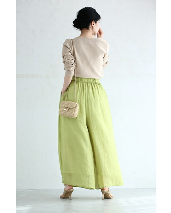 (紐ベルト付き)花ポンポン揺れる涼やかワイドパンツ