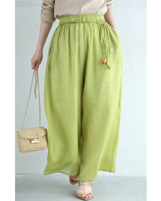 (紐ベルト付き)花ポンポン揺れる涼やかワイドパンツ