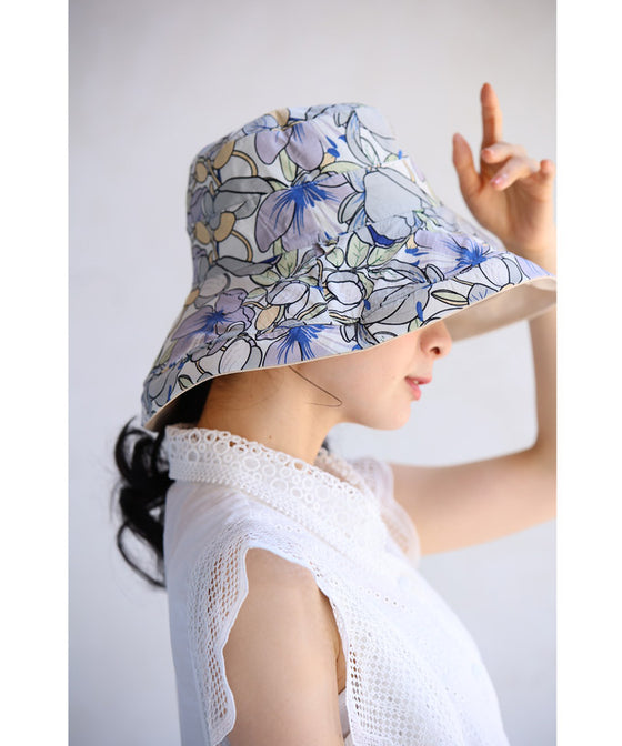 (ストラップ付き)シンプルにも花柄にも。表裏使える2wayつば広ハット