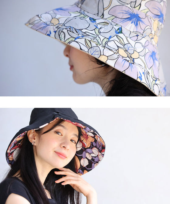 (ストラップ付き)シンプルにも花柄にも。表裏使える2wayつば広ハット