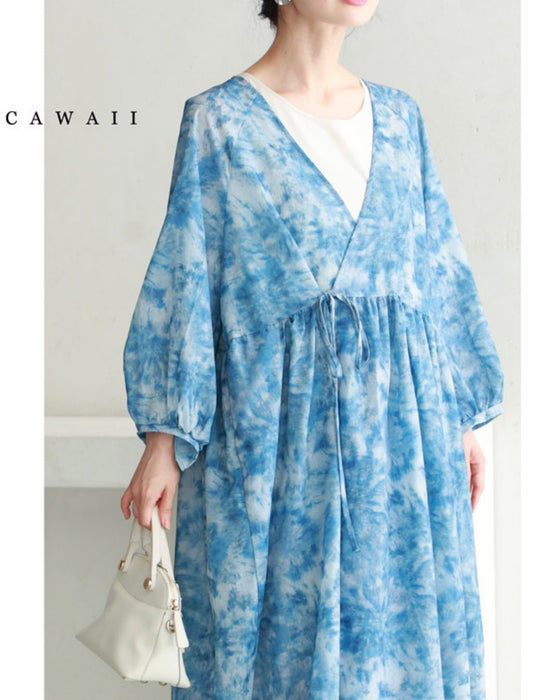 夏空グラデーションの絞り染め風カシュクールワンピース