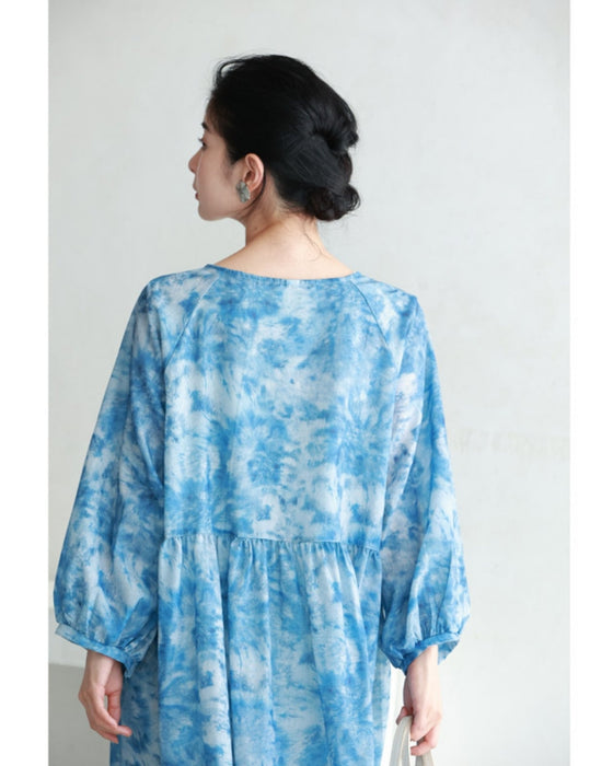 夏空グラデーションの絞り染め風カシュクールワンピース