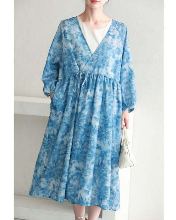 夏空グラデーションの絞り染め風カシュクールワンピース