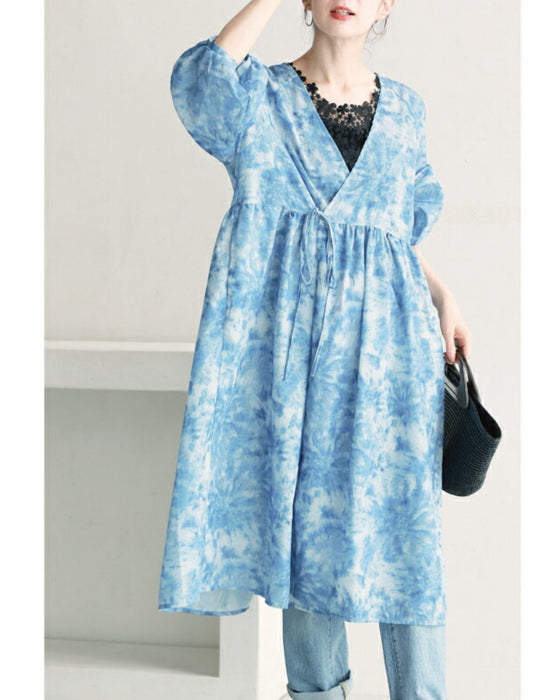夏空グラデーションの絞り染め風カシュクールワンピース