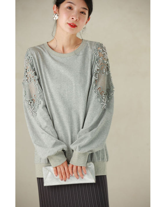 パールの粒を添えたレース窓スリーブのカットソートップス