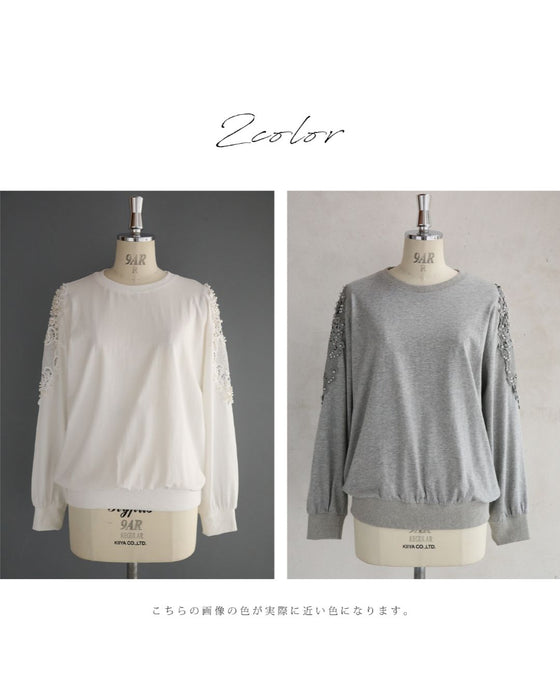 パールの粒を添えたレース窓スリーブのカットソートップス