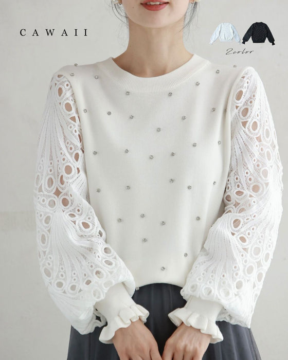 孔雀羽レース袖のビジューニットプルオーバートップス