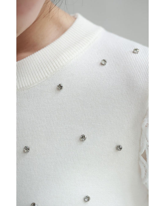 孔雀羽レース袖のビジューニットプルオーバートップス