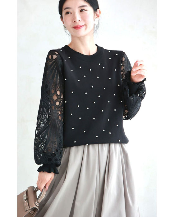 孔雀羽レース袖のビジューニットプルオーバートップス