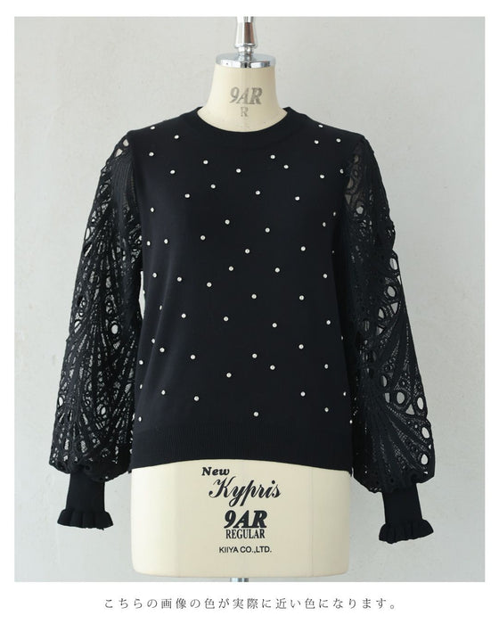 孔雀羽レース袖のビジューニットプルオーバートップス