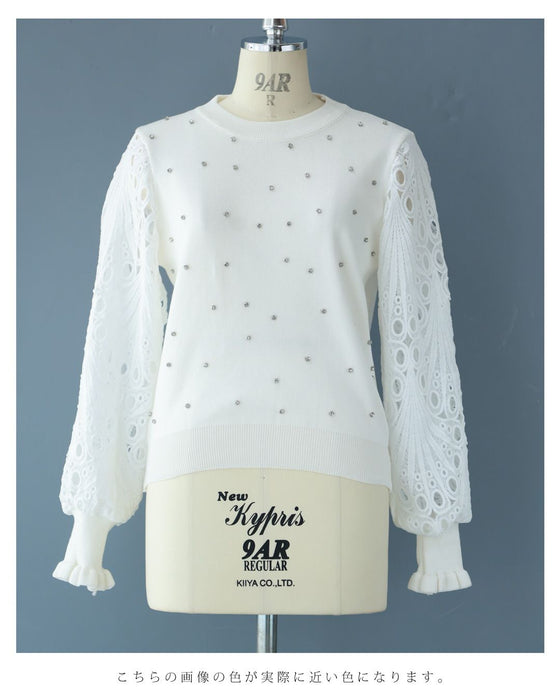 孔雀羽レース袖のビジューニットプルオーバートップス