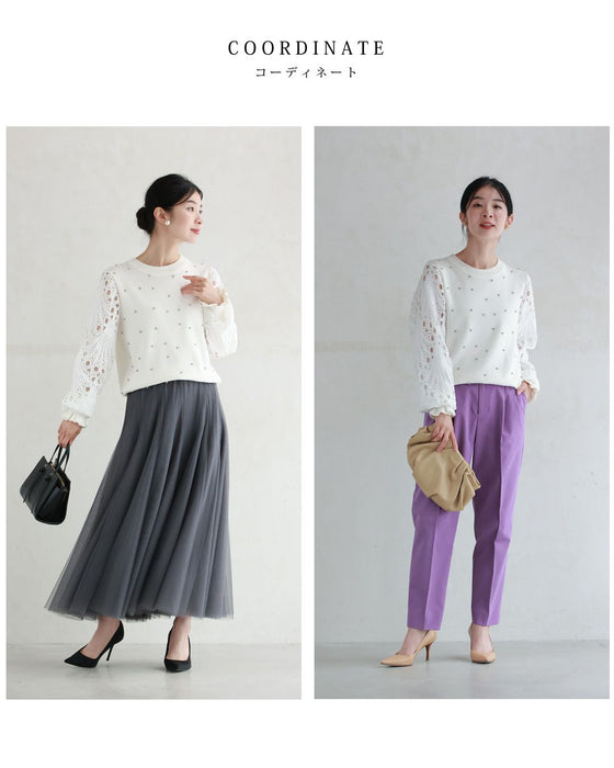 孔雀羽レース袖のビジューニットプルオーバートップス