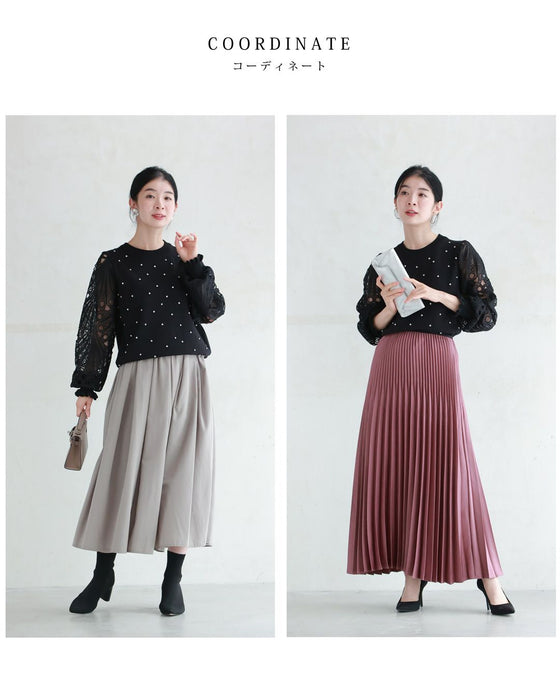 孔雀羽レース袖のビジューニットプルオーバートップス