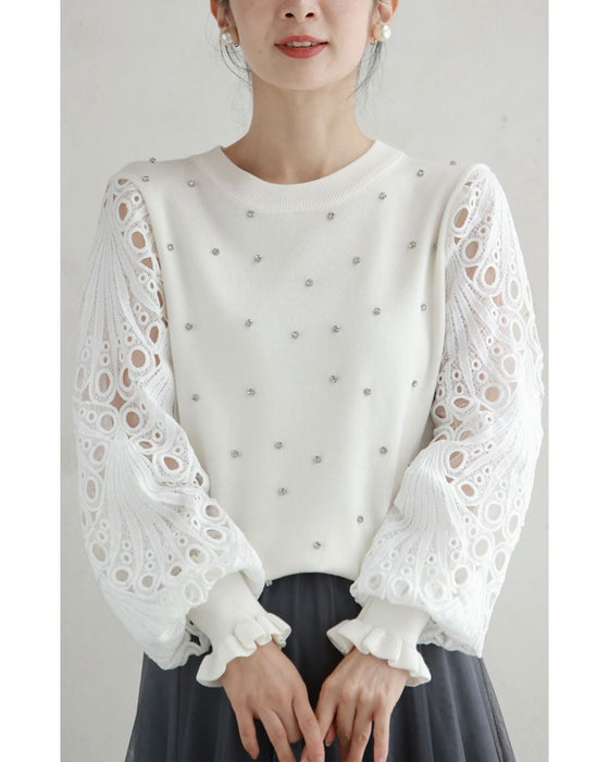 孔雀羽レース袖のビジューニットプルオーバートップス