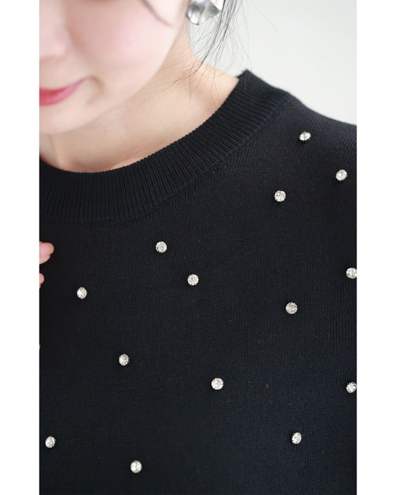 孔雀羽レース袖のビジューニットプルオーバートップス