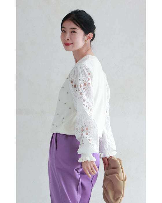 孔雀羽レース袖のビジューニットプルオーバートップス