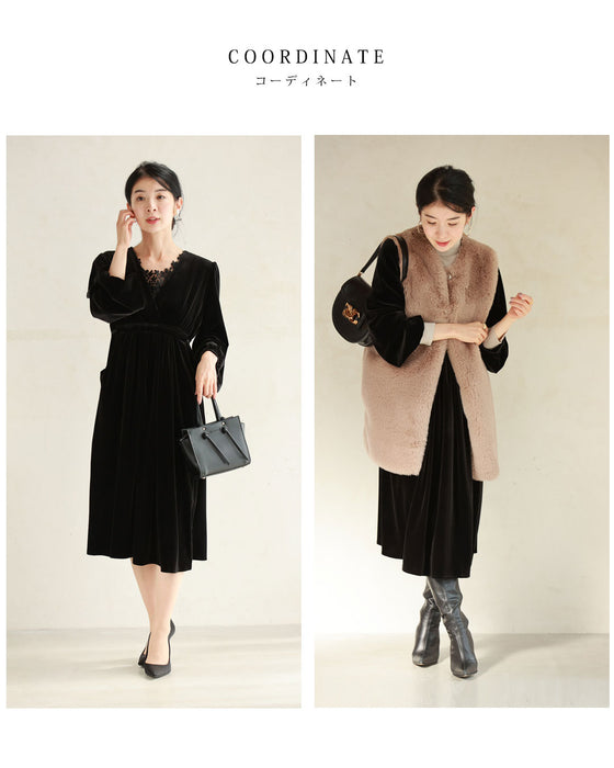 Xラインギャザーの艶ベロア調ミディアムワンピース