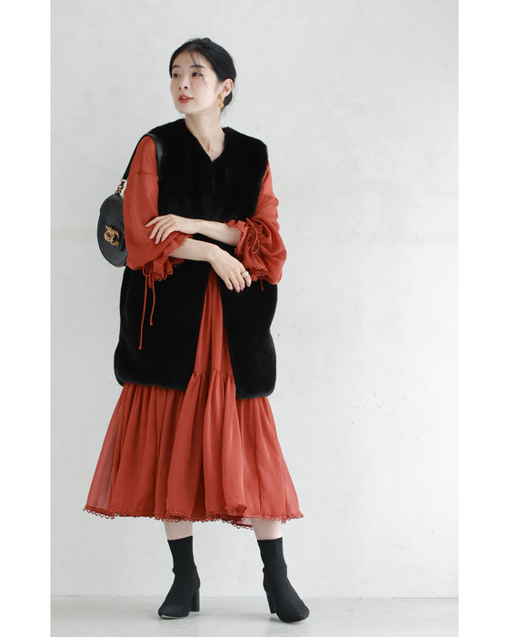 レースアップリボンのこっくり深みカラーティアードワンピース