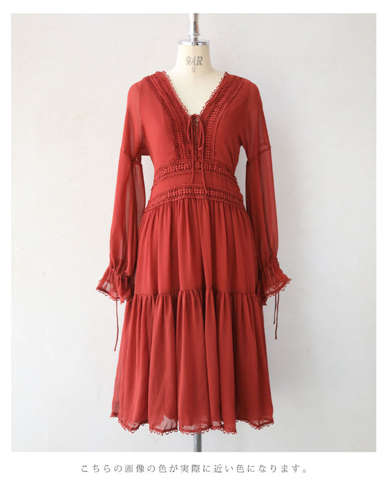 レースアップリボンのこっくり深みカラーティアードワンピース
