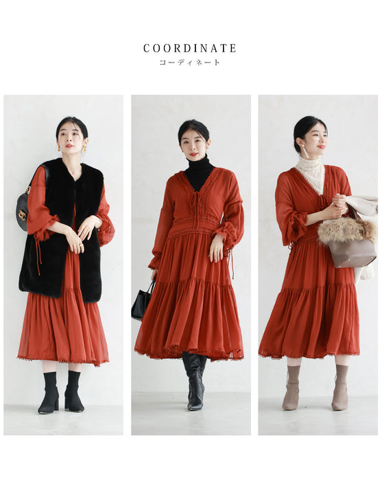 レースアップリボンのこっくり深みカラーティアードワンピース