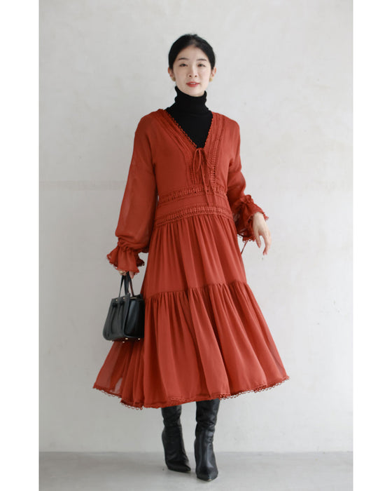 レースアップリボンのこっくり深みカラーティアードワンピース