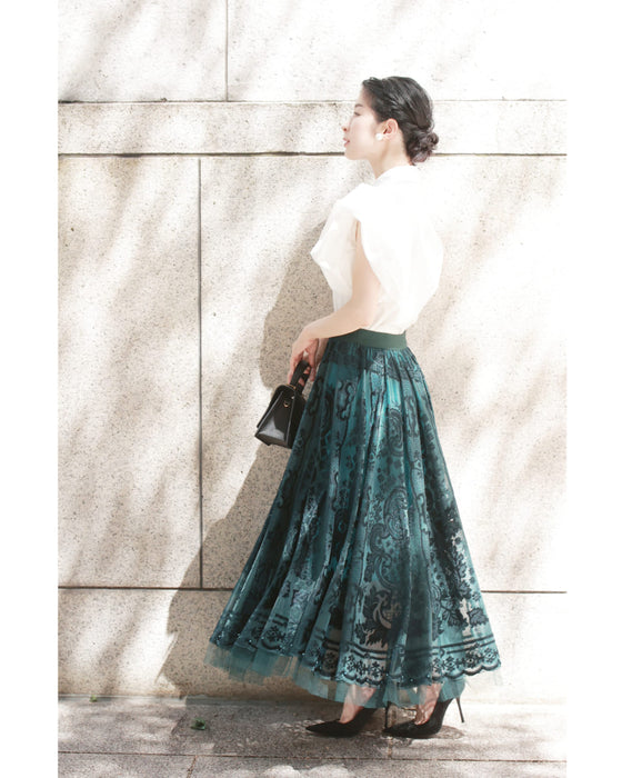 A gorgeous veiled midi skirt with a flocked pattern