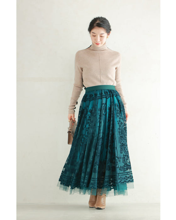 A gorgeous veiled midi skirt with a flocked pattern