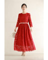 A long dress made entirely of lace and featuring a red dahlia (with belt)