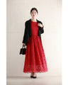 A long dress made entirely of lace and featuring a red dahlia (with belt)
